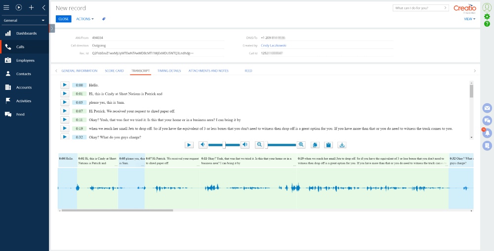 Access to call analytics and transcription in the CRM