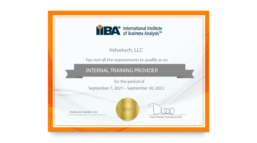 IIBA Endorsed Education Provider Certificate - Velvetech